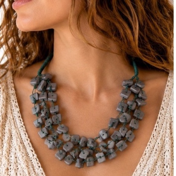 Jewelry - Handcrafted Multi-Strand Matte Grey Square Bead Statement Necklace Teal Cord